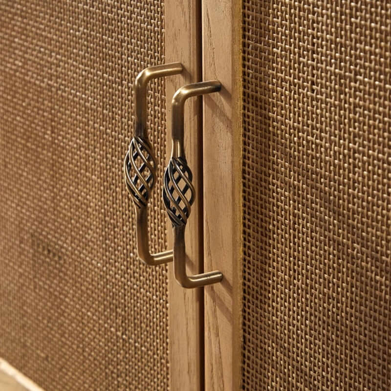 Elm Wood Sideboard with Black Iron Base and Rattan Fronts
