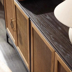 Elm Wood Sideboard with Black Iron Base and Rattan Fronts