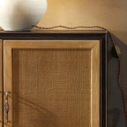 Elm Wood Sideboard with Black Iron Base and Rattan Fronts