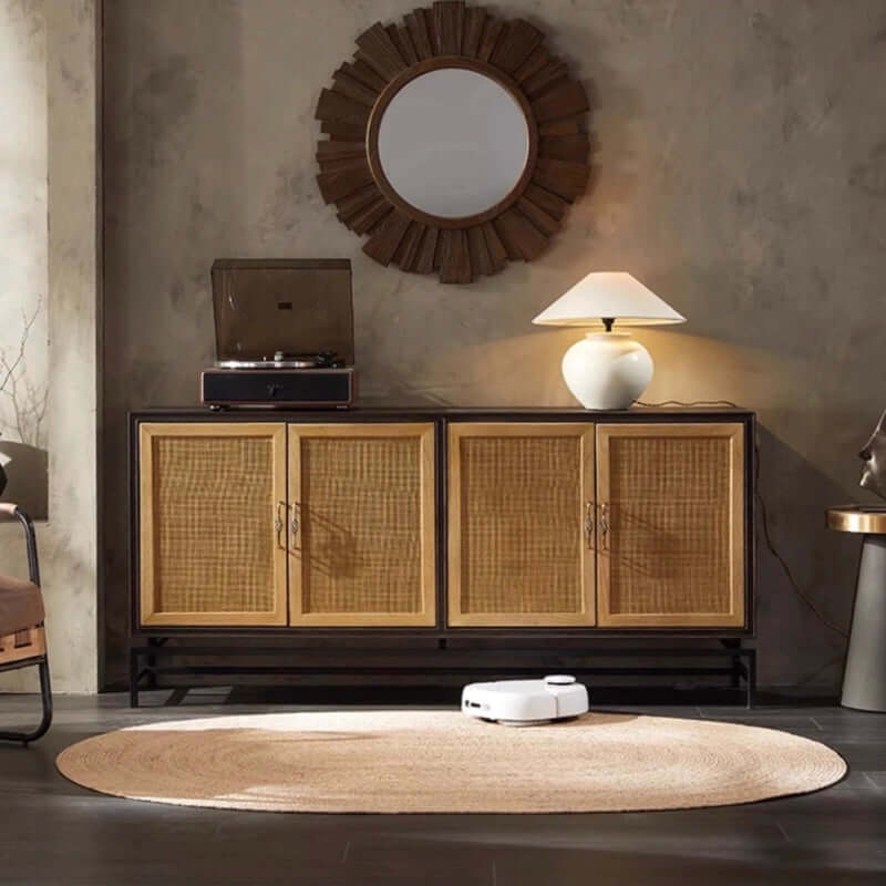 Elm Wood Sideboard with Black Iron Base and Rattan Fronts