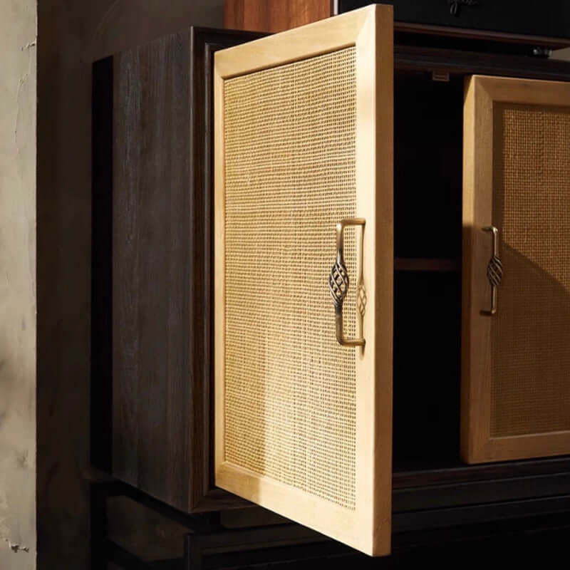 Elm Wood Sideboard with Black Iron Base and Rattan Fronts