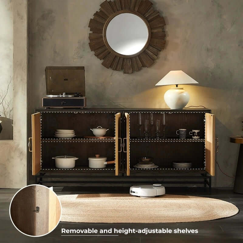 Elm Wood Sideboard with Black Iron Base and Rattan Fronts