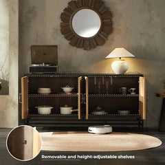 Elm Wood Sideboard with Black Iron Base and Rattan Fronts