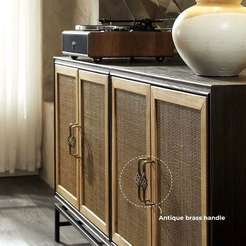 Elm Wood Sideboard with Black Iron Base and Rattan Fronts