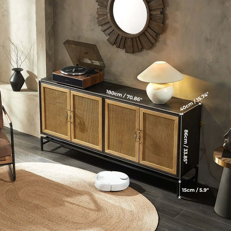 Elm Wood Sideboard with Black Iron Base and Rattan Fronts