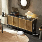 Elm Wood Sideboard with Black Iron Base and Rattan Fronts