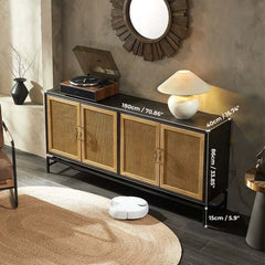 Elm Wood Sideboard with Black Iron Base and Rattan Fronts