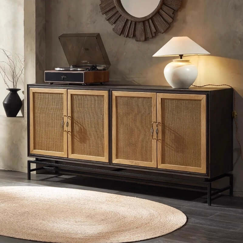 Elm Wood Sideboard with Black Iron Base and Rattan Fronts Main Product Image