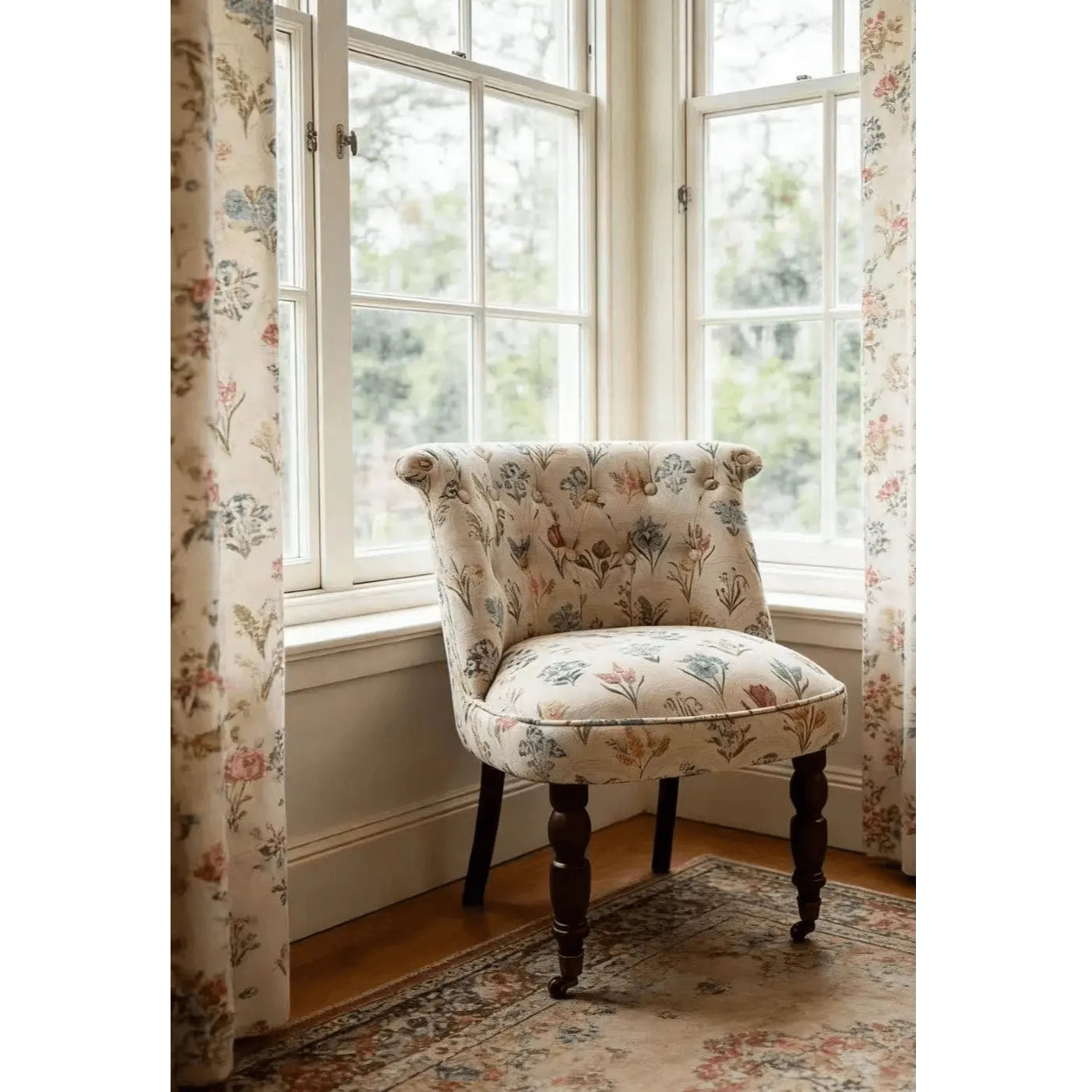 Embroidered Floral Accent Chair with Casters, Tufted Barrel Vanity Seat