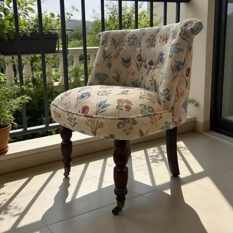 Embroidered Floral Accent Chair with Casters, Tufted Barrel Vanity Seat