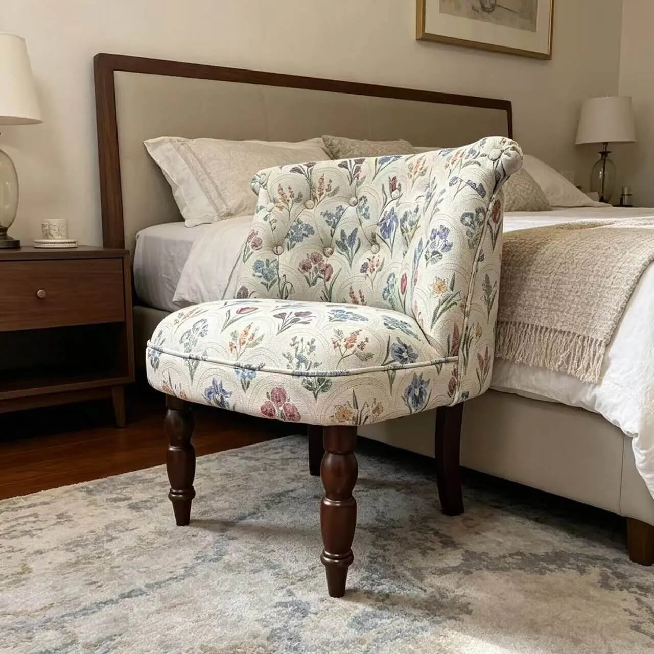 Embroidered Floral Accent Chair with Casters, Tufted Barrel Vanity Seat