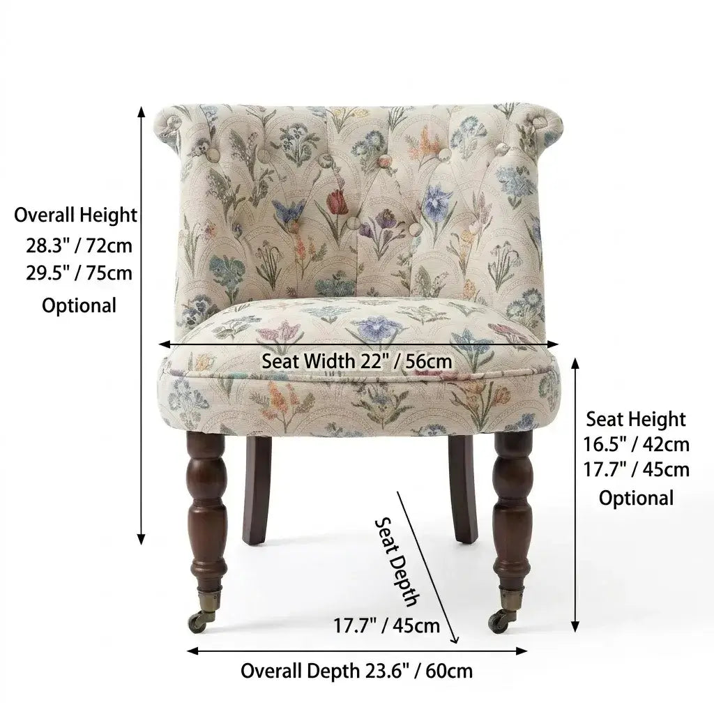 Embroidered Floral Accent Chair with Casters, Tufted Barrel Vanity Seat Dimensions