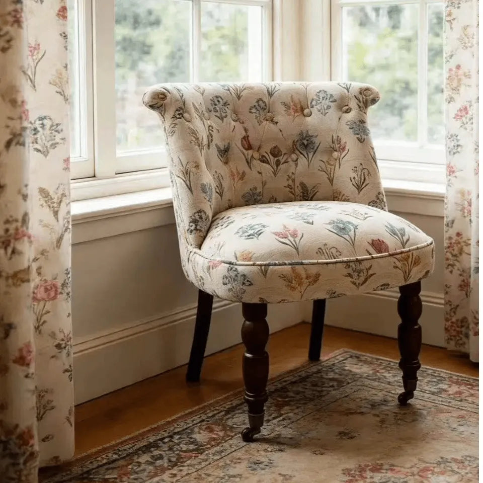 Embroidered Floral Accent Chair with Casters, Tufted Barrel Vanity Seat Main Product Image Imagen principal del producto