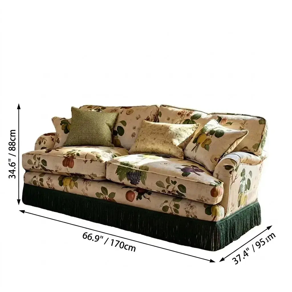 English Country Floral Sofa Series with Tassel Skirt, Ash Wood Frame Dimensions