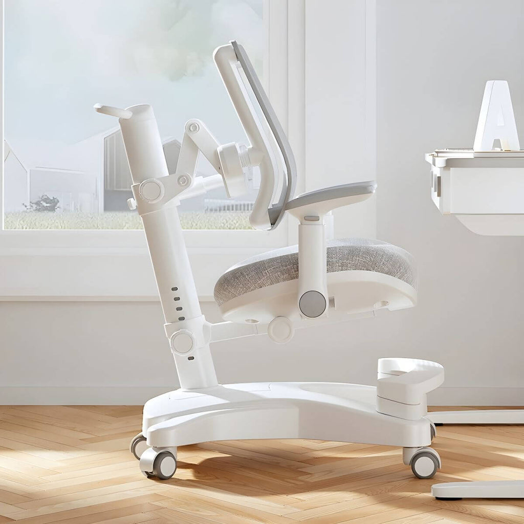Ergonomic Grey Plastic Kids Chair with Adjustable Arms and Wheels