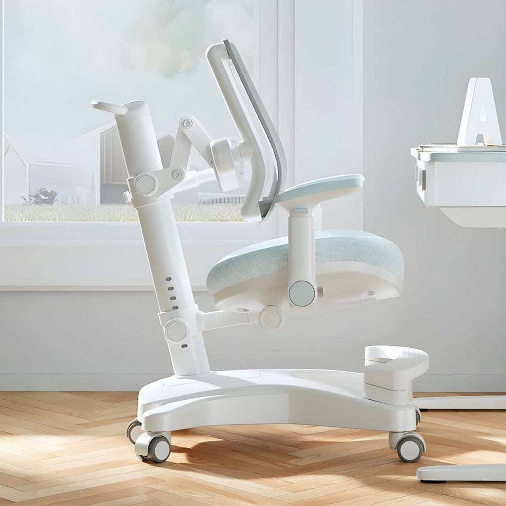 Ergonomic Grey Plastic Kids Chair with Adjustable Arms and Wheels