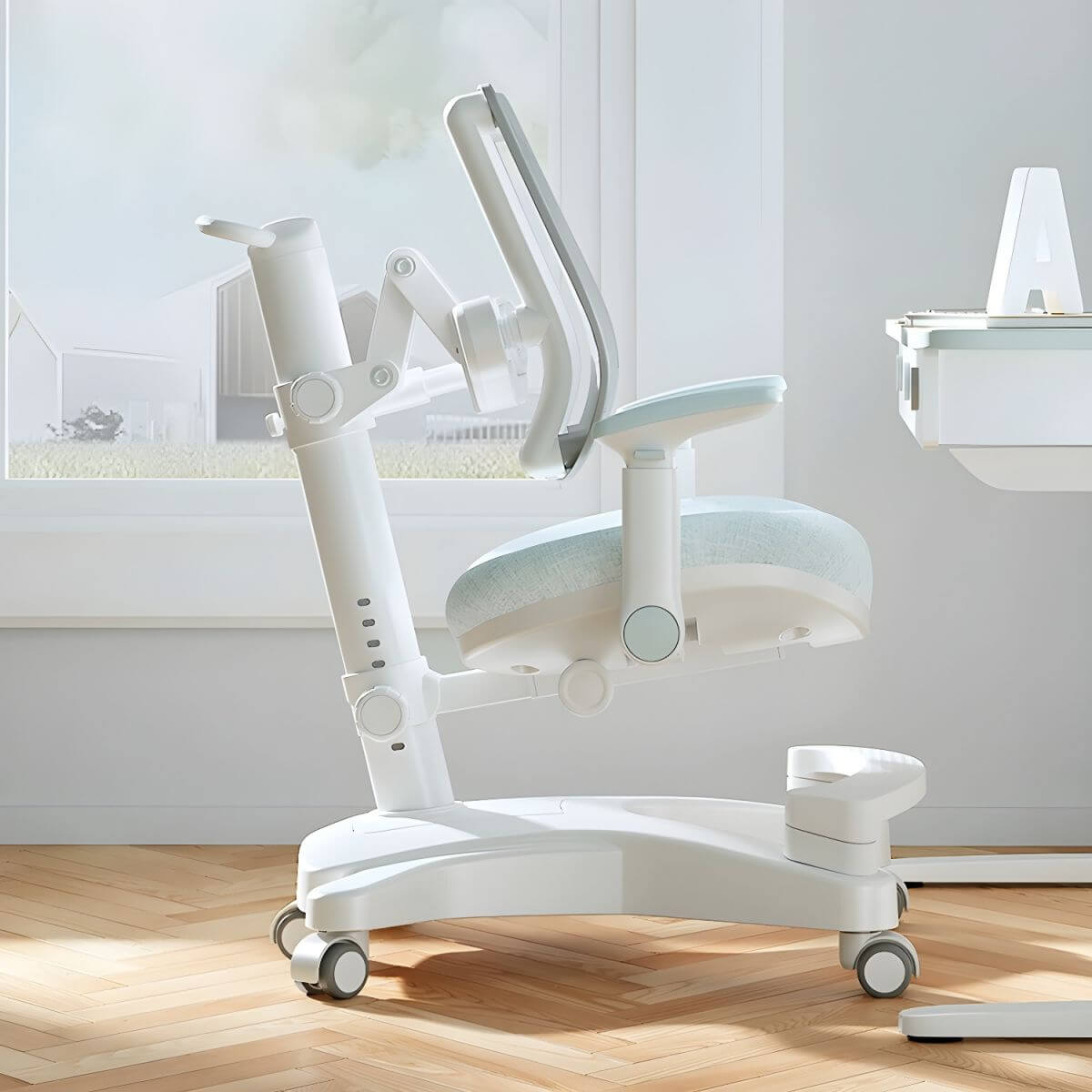 Ergonomic Grey Plastic Kids Chair with Adjustable Arms and Wheels