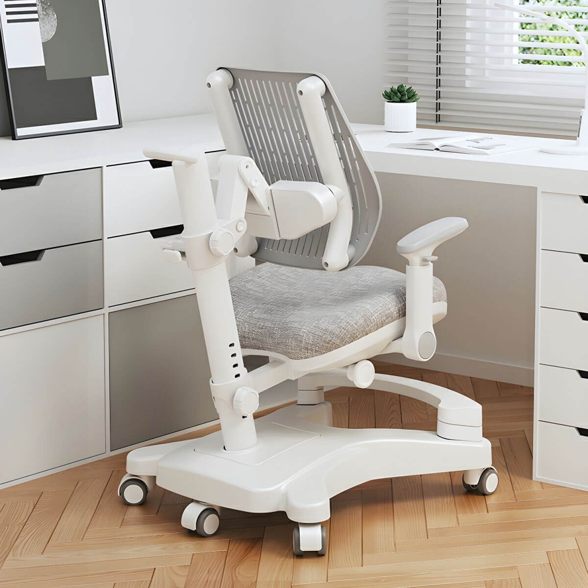 Ergonomic Grey Plastic Kids Chair with Adjustable Arms and Wheels