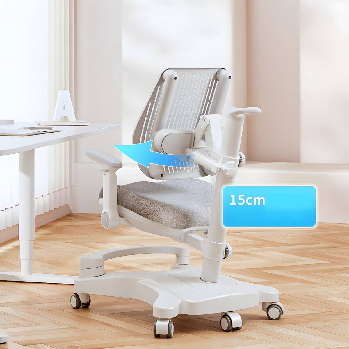 Ergonomic Grey Plastic Kids Chair with Adjustable Arms and Wheels