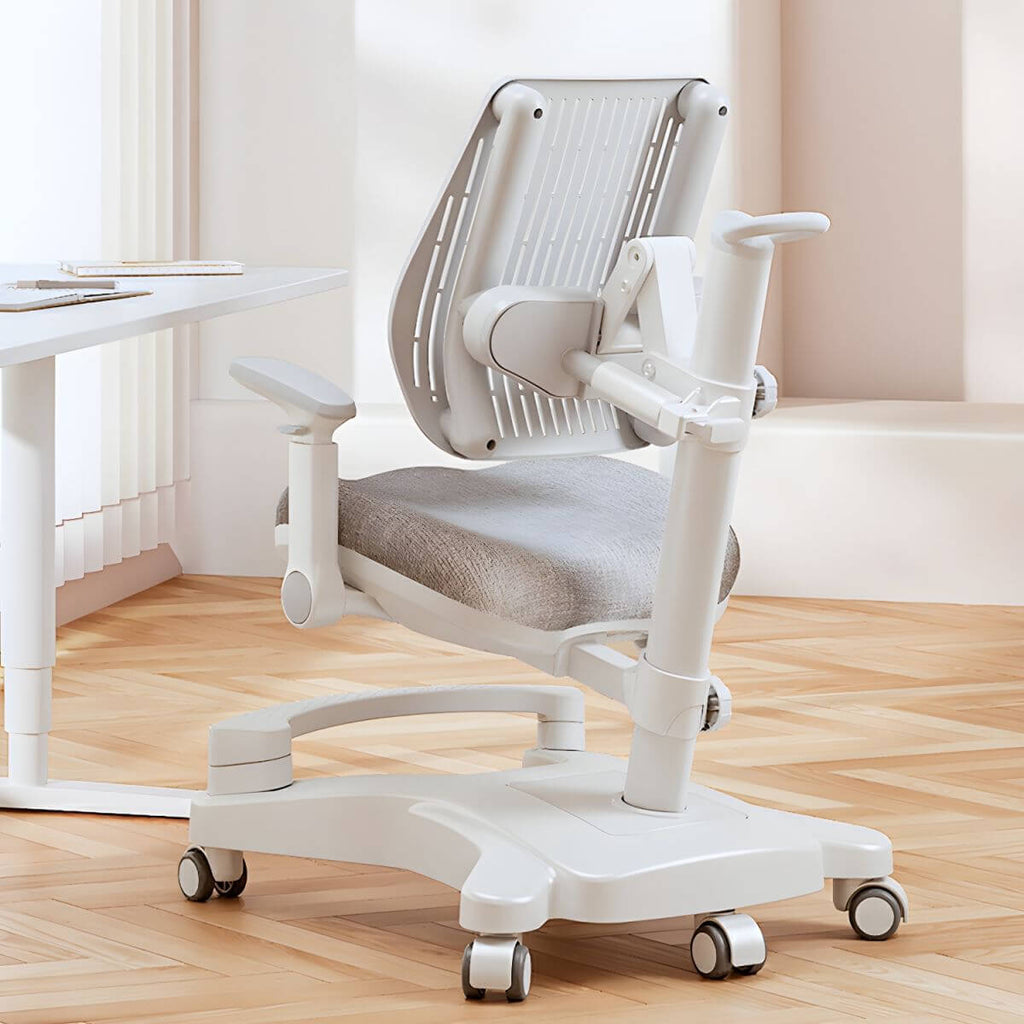 Ergonomic Grey Plastic Kids Chair with Adjustable Arms and Wheels