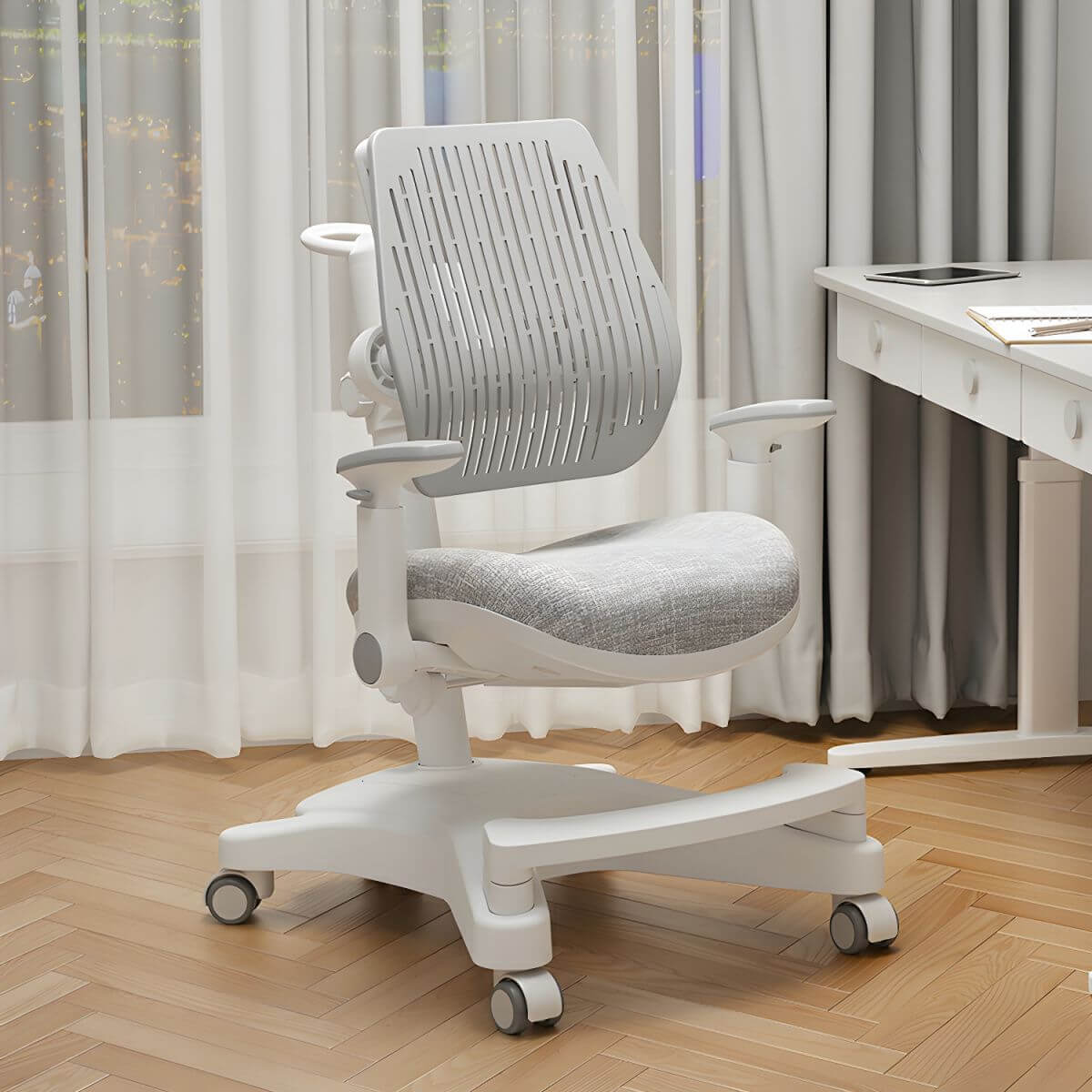 Ergonomic Grey Plastic Kids Chair with Adjustable Arms and Wheels Main Product Image