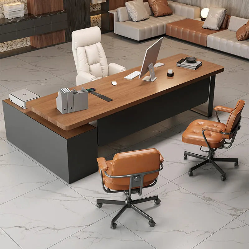 Executive Wood Office Desk With Storage Cabinet, Drawers and Privacy Panel