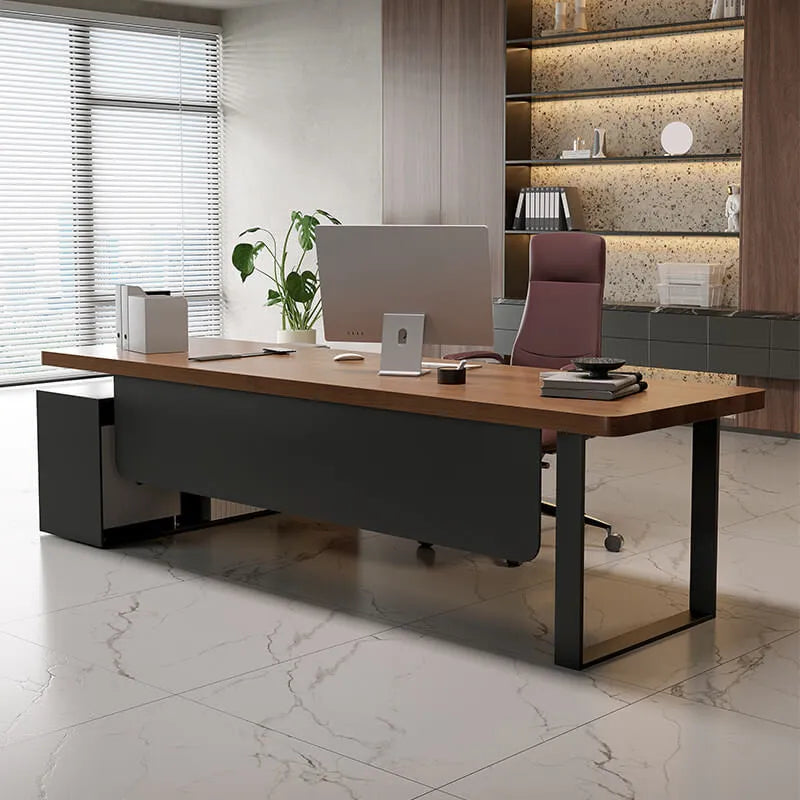 Executive Wood Office Desk With Storage Cabinet, Drawers and Privacy Panel