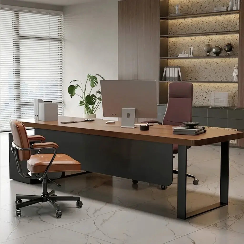 Executive Wood Office Desk With Storage Cabinet, Drawers and Privacy Panel