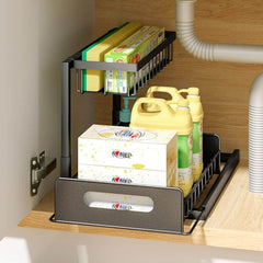 2 Pack 2-Tier Under Sink Organizers and Storage Sliding Cabinet BasketOrganizer with Hooks Multi-PurposeUnder Sink Organizers and Storagefor Bathroom Kitchen Racks Silicone