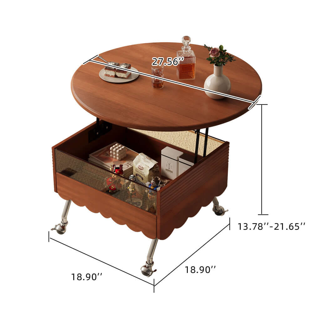 Retro round coffee table with adjustable height and wheels for easy mobility
