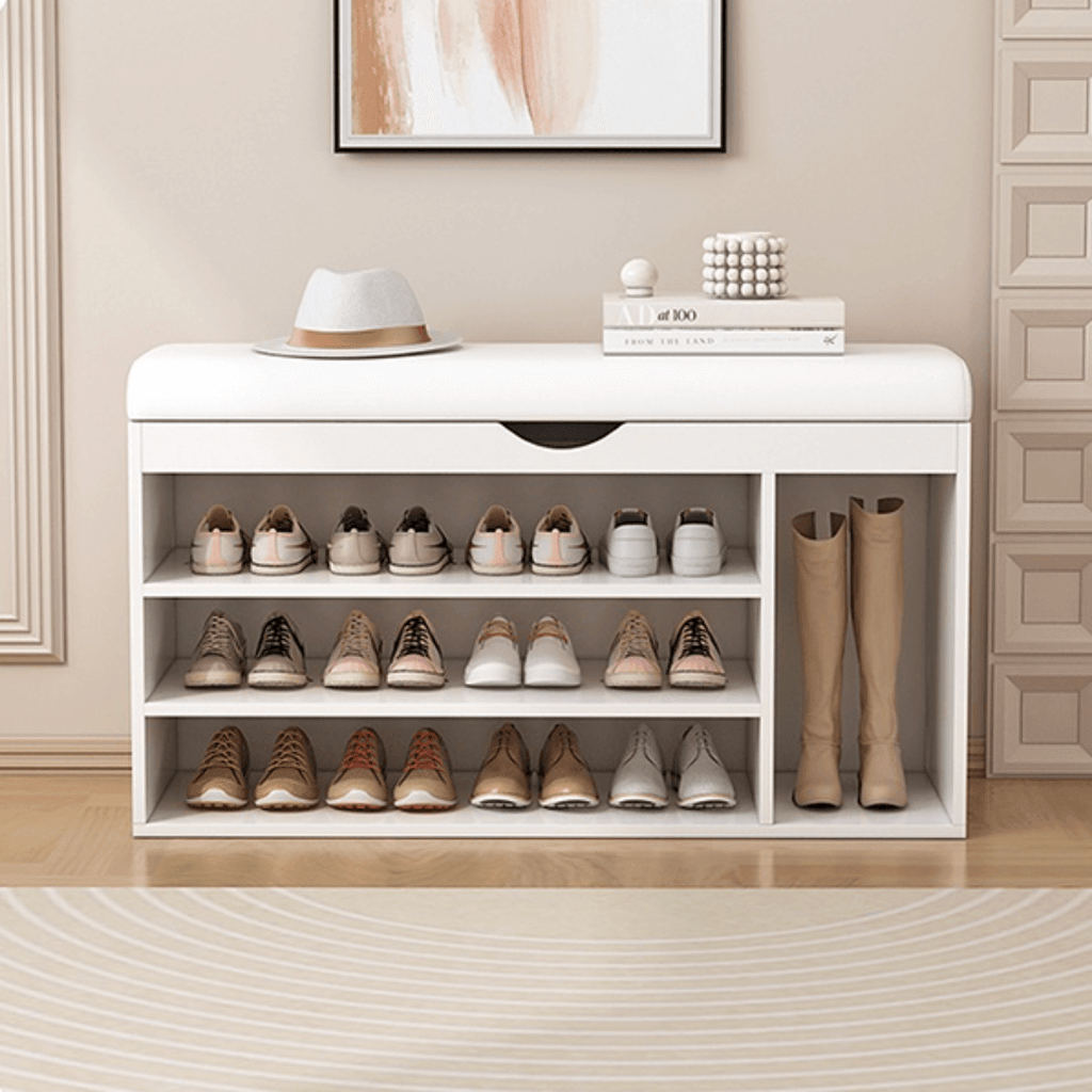 Modern white and orange shoe bench with upholstered seat and space-saving storage