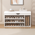 Modern white and orange shoe bench with upholstered seat and space-saving storage