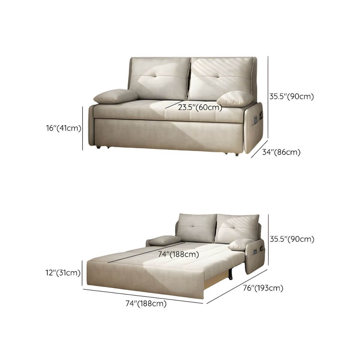 White polyester blend sleeper sofa with metal frame and casters, modern futon for versatile seating