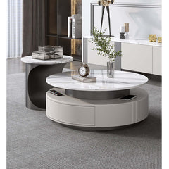 Luxury Slate Top Modern High-Low Round Coffee Table Set with Storage Drawers