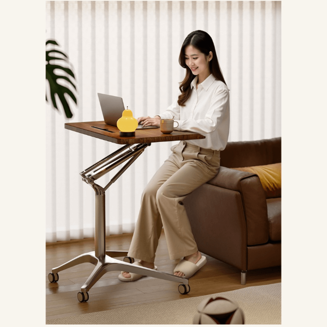 Mobile ergonomic standing desk with premium aluminium alloy frame and warm wood finish
