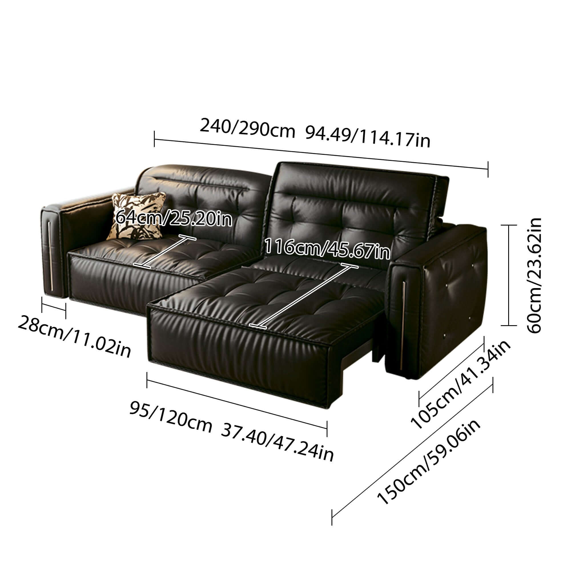 Retro leather pull out couch bed with electric smart remote, convertible for space-saving comfort