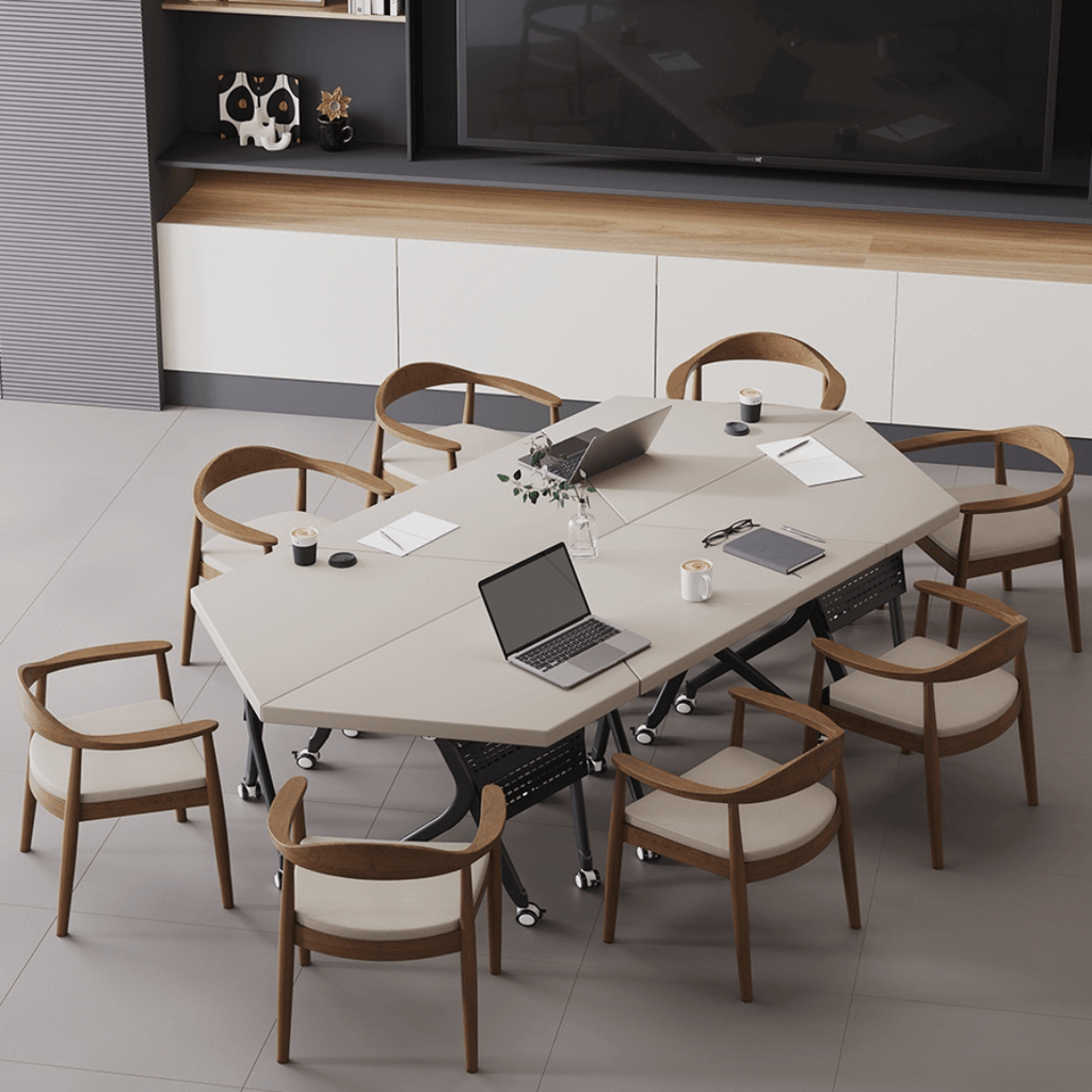 Solid wood multifunctional meeting table with geometric design and movable wheels main product image