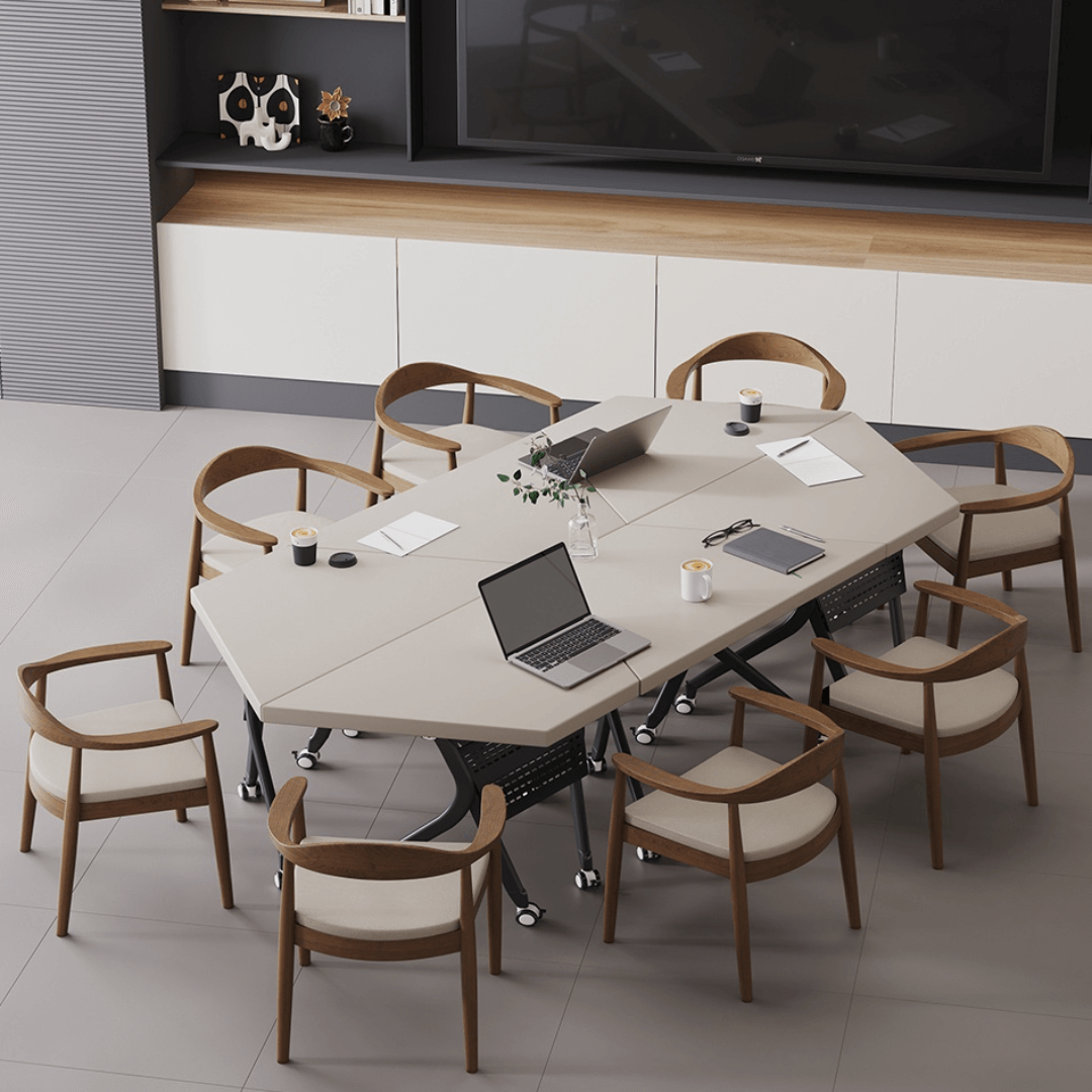 Solid wood multifunctional meeting table with geometric design and movable wheels main product image