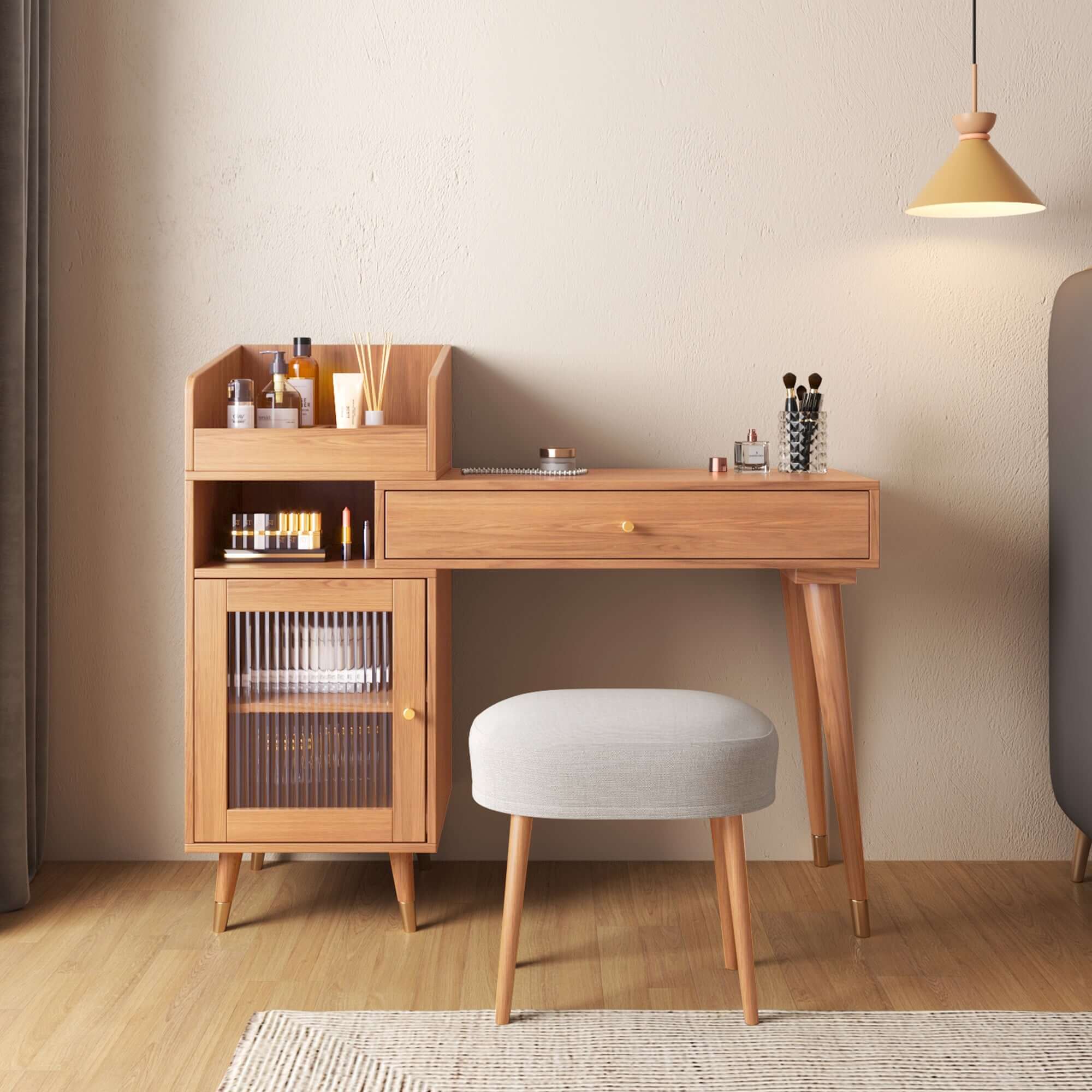 Coffee brown wooden vanity table with side cabinets, open storage, and drawers for bedroom organization