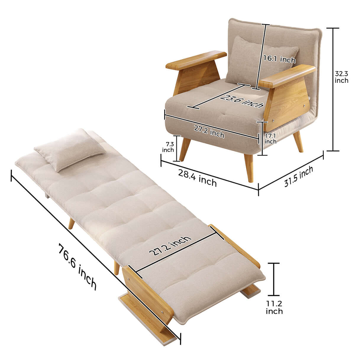 3-in-1 folding sofa chair bed with armrests, available in three sizes for versatile seating and sleeping