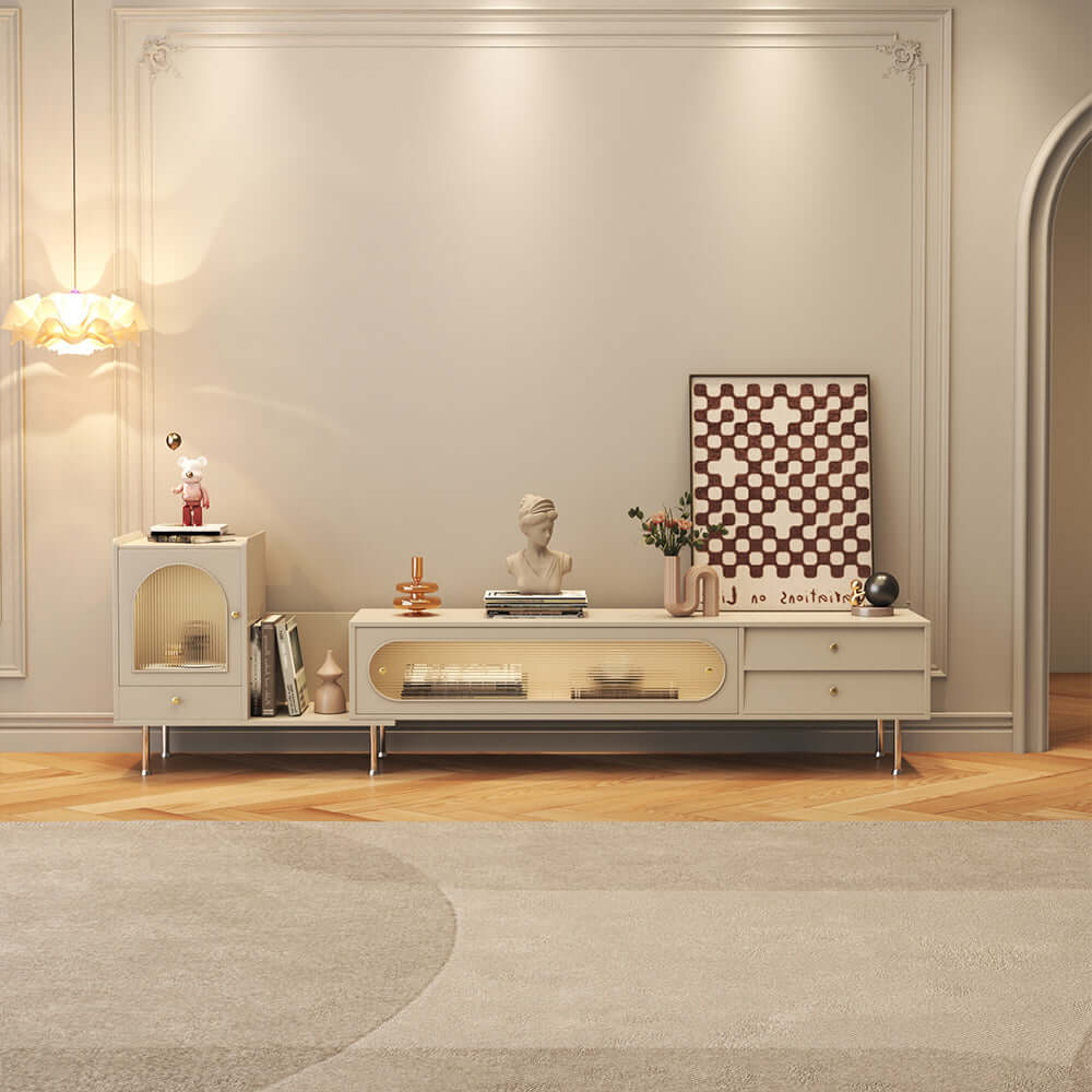 Extendable rectangle TV stand with sliding glass door, bookshelf, and three storage drawers