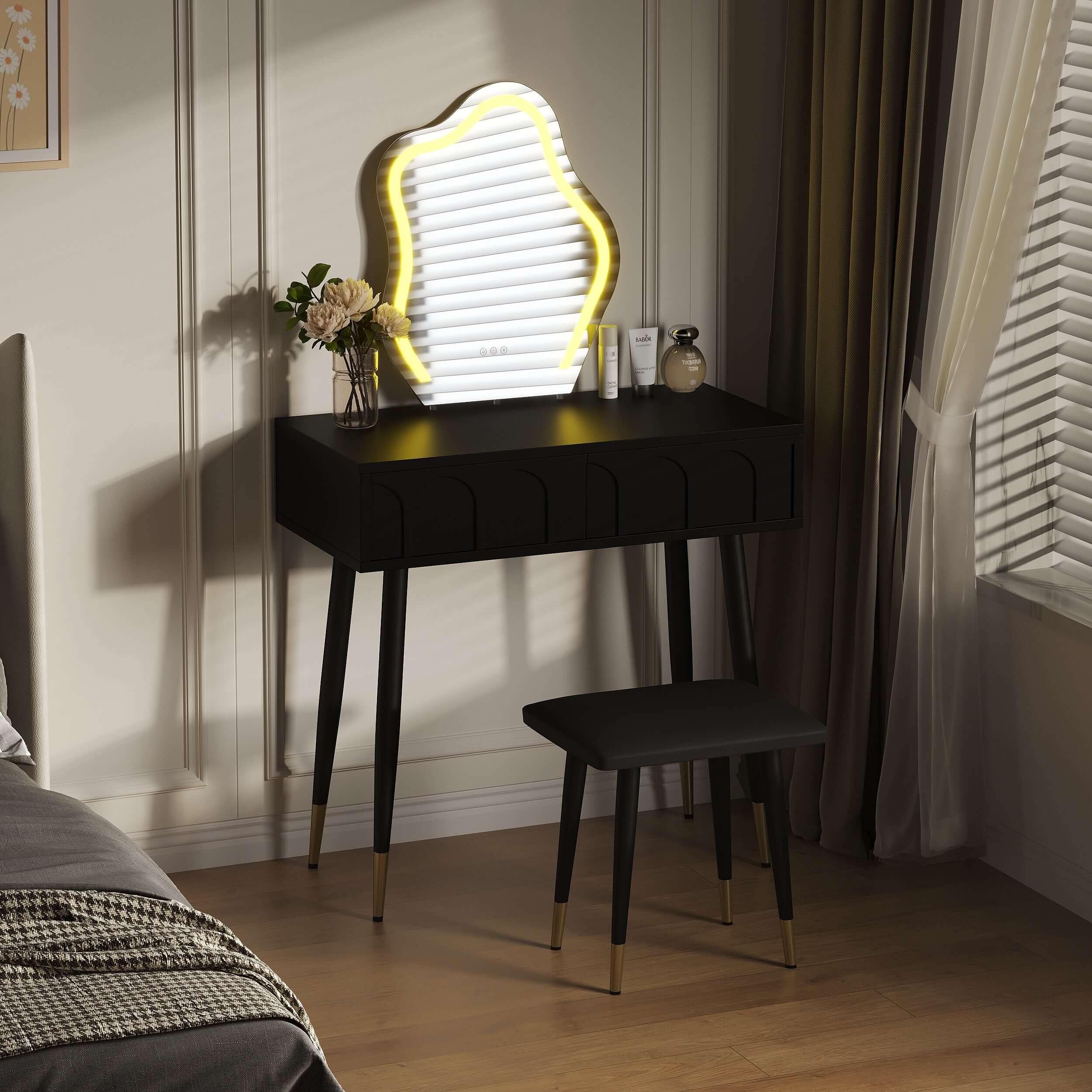 White and black 31.5-inch two drawer dresser with mirror and matching chair