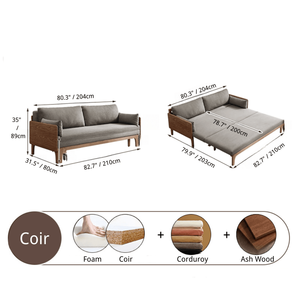 Gray corduroy sofa bed with durable ash wood frame, foldable design ideal for small spaces