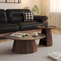 Round High-Low Combo Coffee Table Solid Wood Slate with Storage