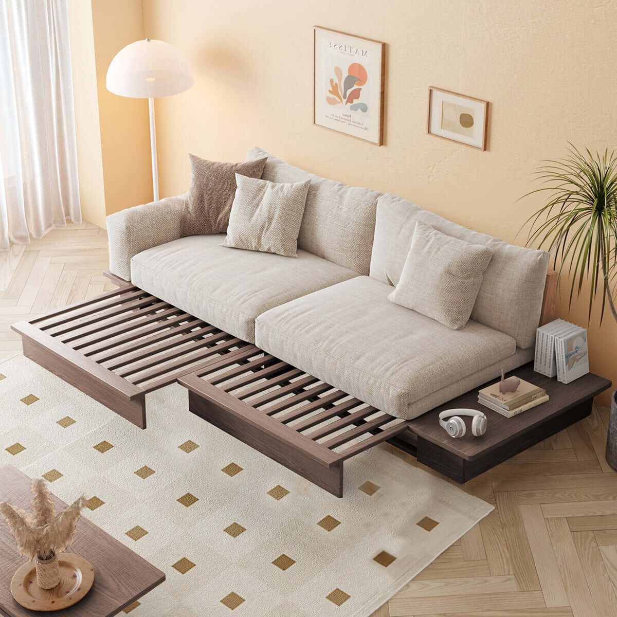 Beige folding sofa bed with solid wood frame and upholstered cotton linen cushions