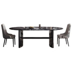 Oval dining table with black marble top and trestle metal base, modern dining room set