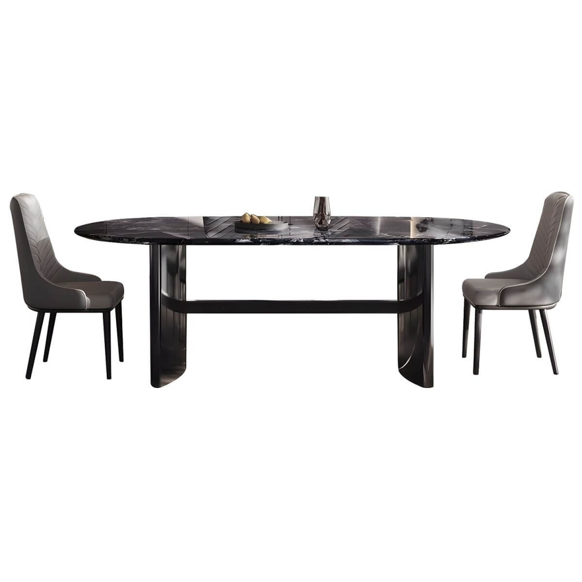 Oval dining table with black marble top and trestle metal base, modern dining room set