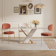 Modern White Rectangular Marble Dining Table Gold Stainless Steel X-Base