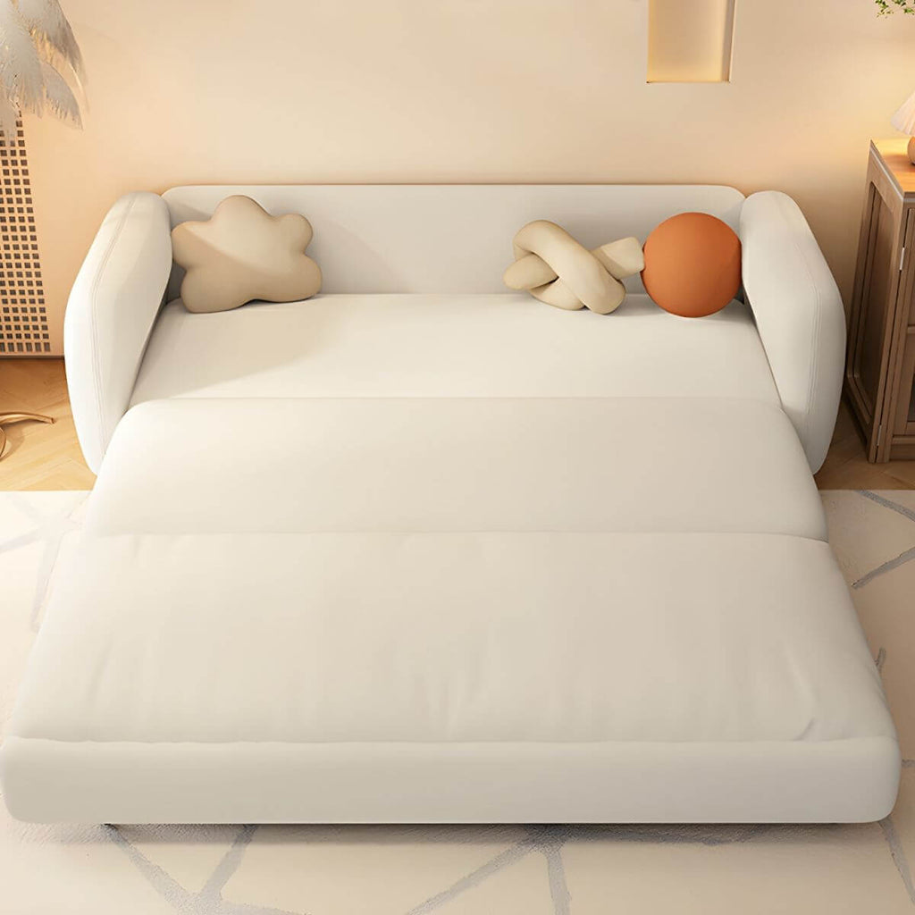 Modern white sleeper sofa with detachable mattress, casters, and black legs, 51 by 37 inches