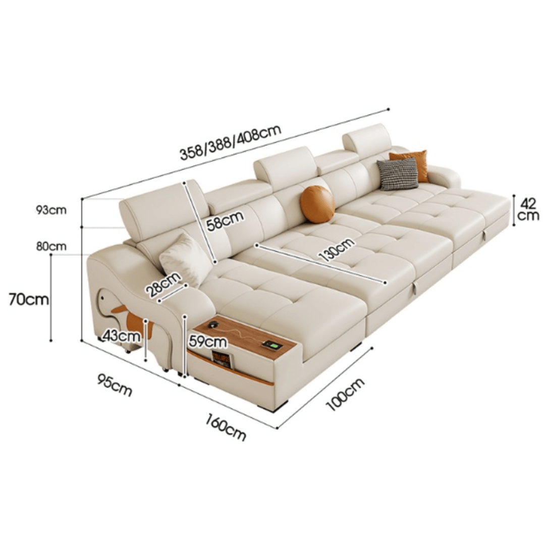 Space-saving sofa bed with a cute pony stool, perfect transformable furniture for small spaces